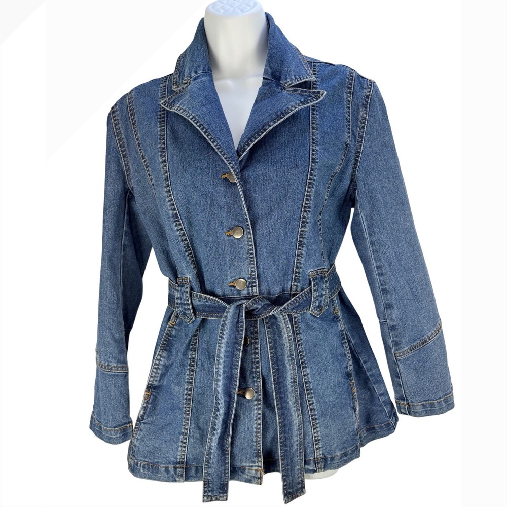 My Maille Montreal Blue Denim Belted Jacket Blazer Medium Wash Size 5 Womens